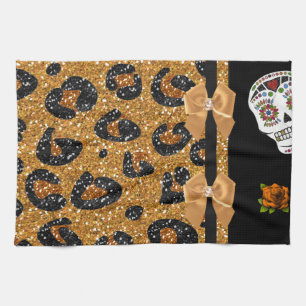 Linge De Cuisine RAB Rockabilly Gold Leopard Print Sugar Skulls