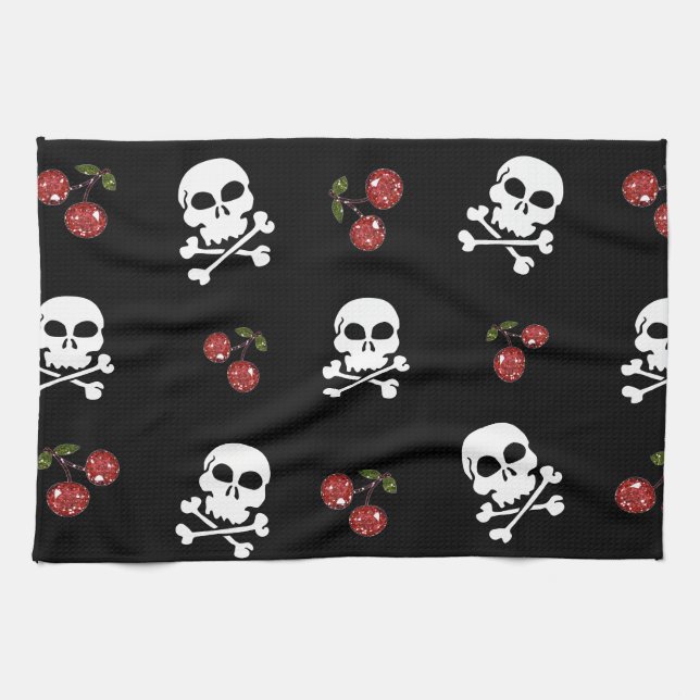 Linge De Cuisine RAB Rockabilly Skuls et Cerises sur Noir (Horizontal)