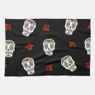 Linge De Cuisine RAB Rockabilly Sugar Skulls Roses On Black