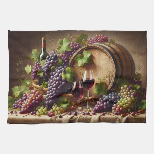 Linge De Cuisine Raisins et vin vie morte (Horizontal)