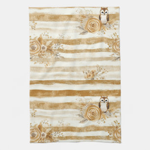 Linge De Cuisine Rayure de hibou boisé avec fleurs dorées
