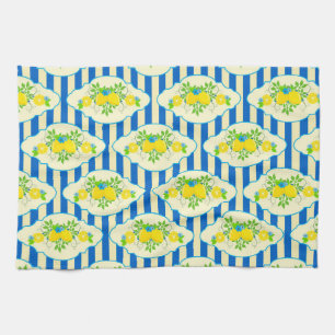 Linge De Cuisine Rayures bleues et motif de citrons et de feuilles 