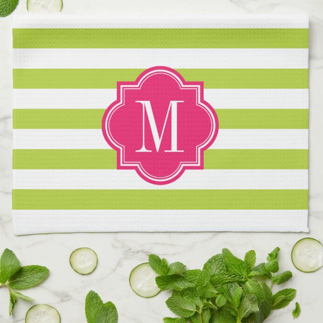 Linge De Cuisine Rayures de vert de chaux avec le monogramme de (Plié)
