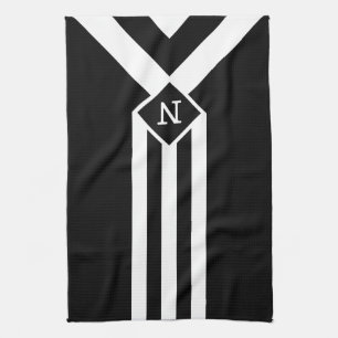 Linge De Cuisine Rayures et Chevron sur Fond Noir avec Monogramme