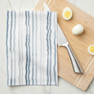 Linge De Cuisine Rayures fines aquarelles, bleu ardoise, gris, blan