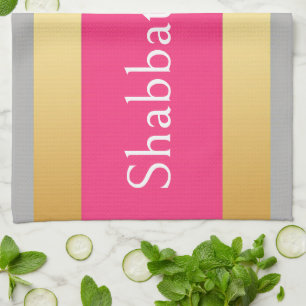 Linge De Cuisine Rayures rose chaud gris or, Shabbat Shalom Glam