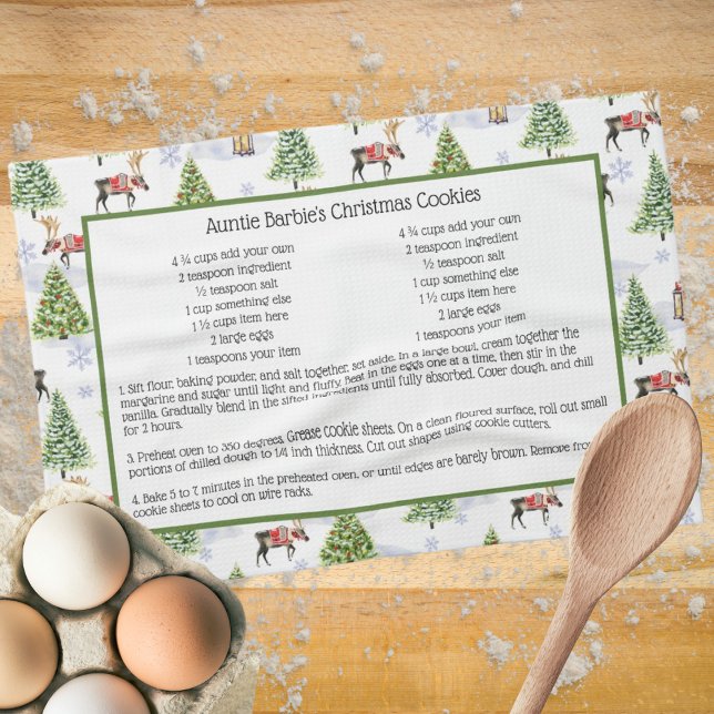 Linge De Cuisine Recette de vacances Aquarelle renne Arbre de Noël (Créateur téléchargé)