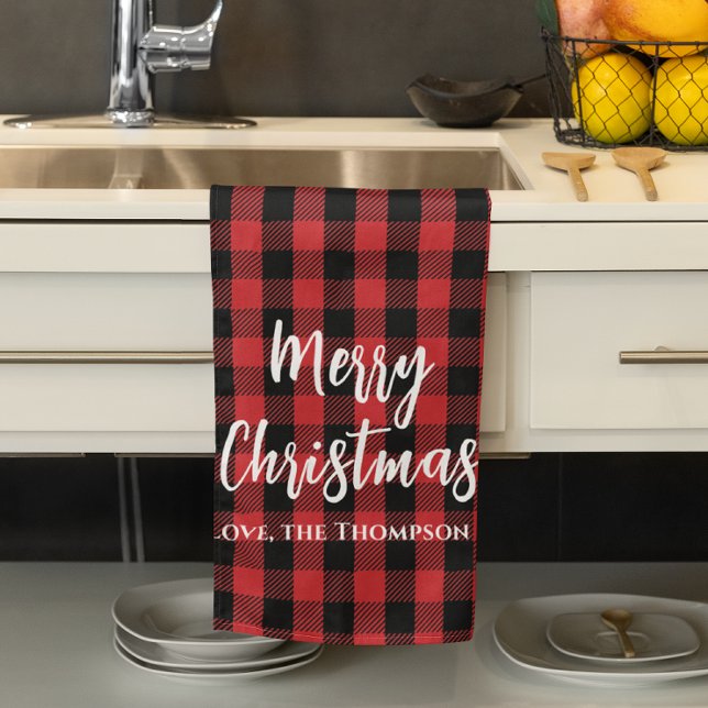 Linge De Cuisine Red Buffalo Check Joyeux Noël Custom (Merry Christmas red and black buffalo check custom kitchen towel. )