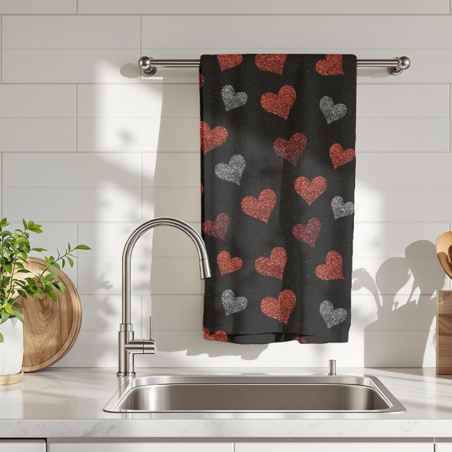 Linge De Cuisine Red Burgundy Silver Glitter Hearts on Black (Créateur téléchargé)