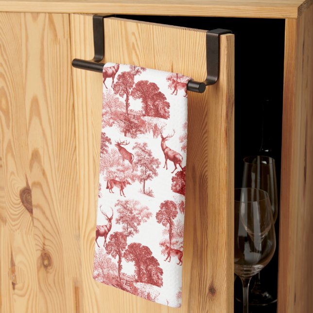 Linge De Cuisine Red French Toile Deer Forest Campagne (Pliage en tiers)