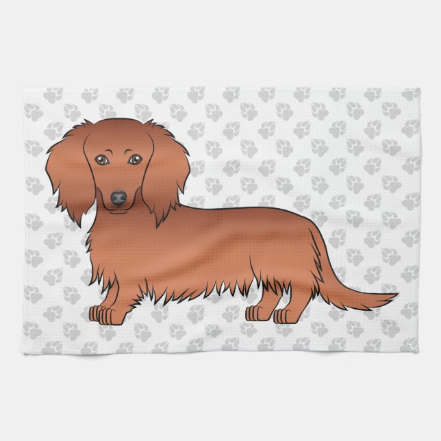 Linge De Cuisine Red Long Cheveux Dachshund mignonette Cartoon Chie (Horizontal)