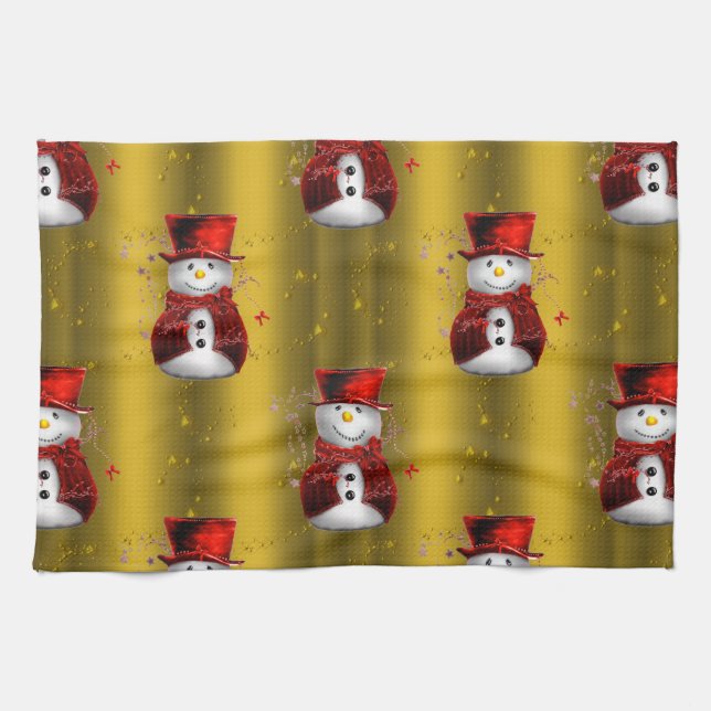 Linge De Cuisine Red Snowmen en or (Horizontal)
