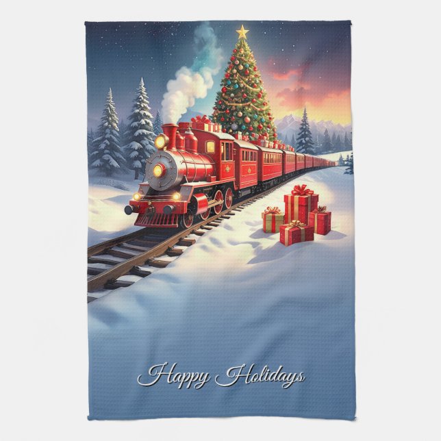 Linge De Cuisine Red Train Christmas Tree Holiday Kitchen Towel (Vertical)