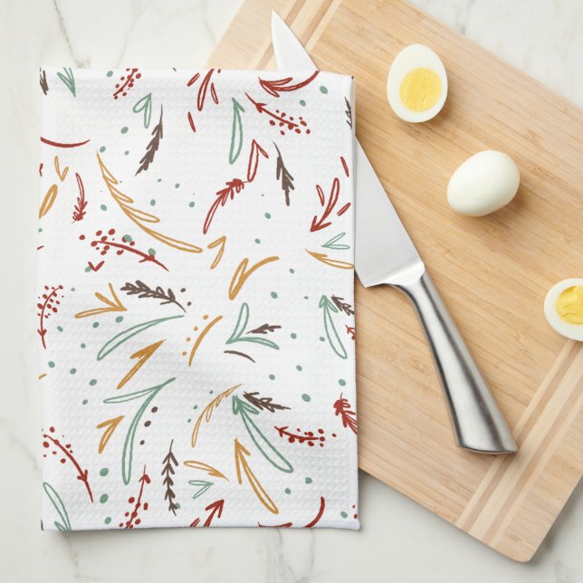 Linge De Cuisine Red Turquoise & Brown Feuilles et Berry Holiday (Quart Plié)