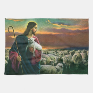 Linge De Cuisine Religion vintage, Christ Bon Pasteur avec troupeau