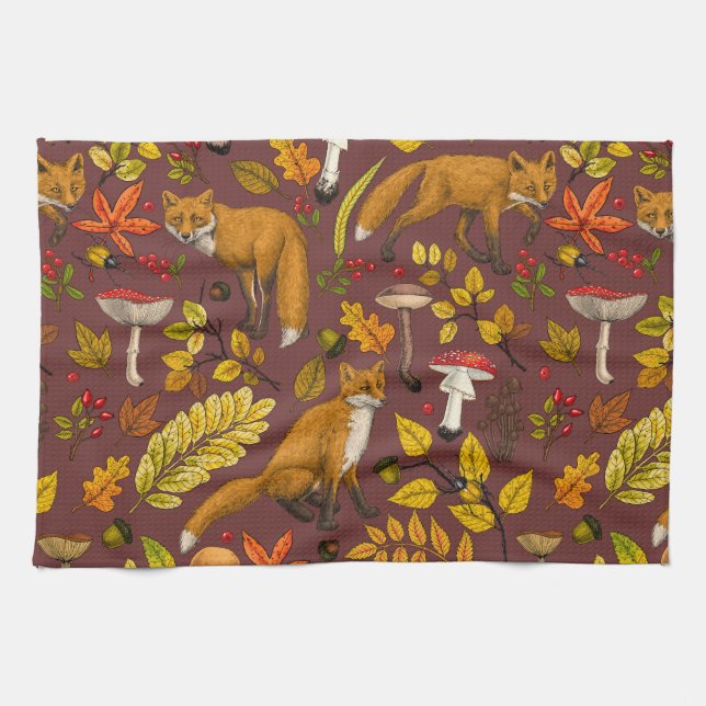 Linge De Cuisine Renards d'automne sur chocolat brun (Horizontal)