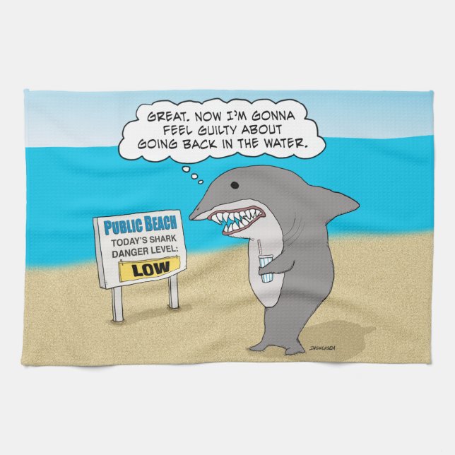 Linge De Cuisine Requin coupable drôle sur la plage (Horizontal)