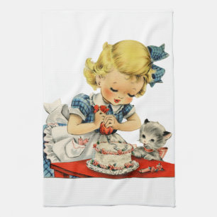 Linge De Cuisine Rétro Anniversaire Fille Cake Cat Enfants Artwork