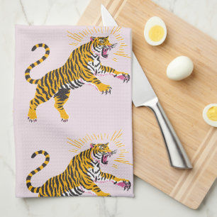 Linge De Cuisine Retro Boho Tigre Rugissant Orange Rose