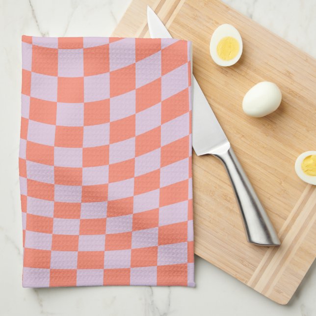 Linge De Cuisine Retro Check Motif Lilac Et Orange Checkerboard (Quart Plié)