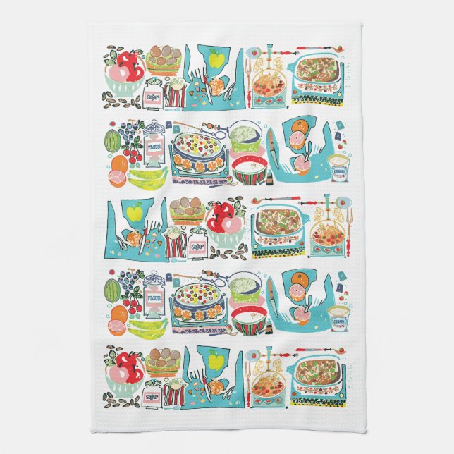 Linge De Cuisine Retro Cuisine Cuisine Cuisinière Illustration Aqua (Vertical)