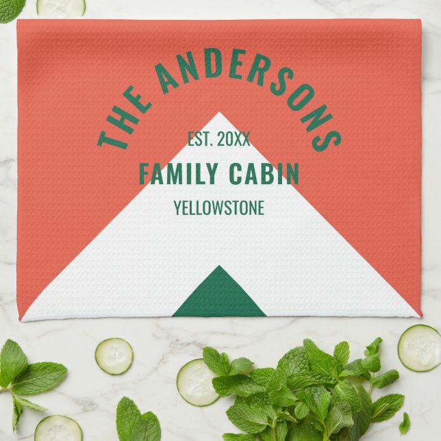 Linge De Cuisine Retro Family Cabine Nom personnalisé Rouge Vert (Plié)