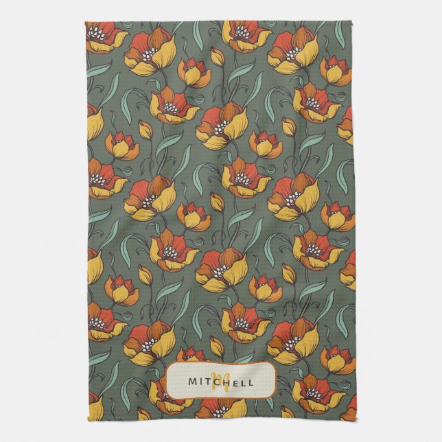 Linge De Cuisine Retro Floral Vert Or Orange Personnalisé (Vertical)