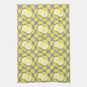 Linge De Cuisine Retro Gris Jaune Citron Tranches Motif de fruits