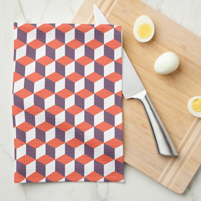 Linge De Cuisine Retro Marine Bleu Cube Rouge Moderne Motif géométr (Quart Plié)
