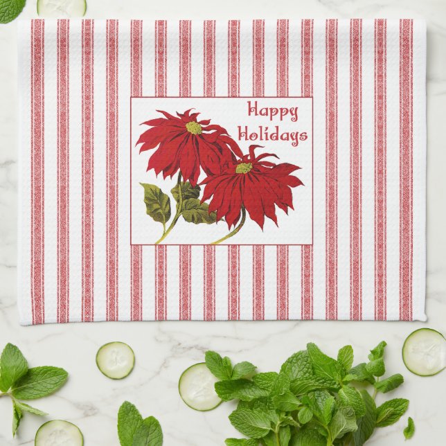 Linge De Cuisine Retro Noël Poinsettia rouge et blanche rayure (Plié)