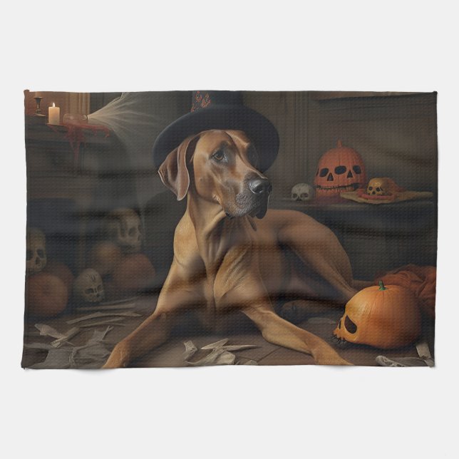 Linge De Cuisine Rhodesian Ridgeback Citrouilles Halloween effrayan (Horizontal)