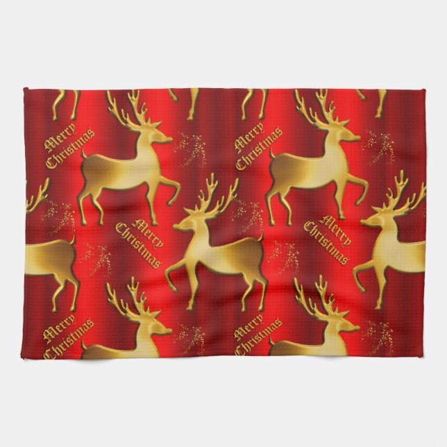 Linge De Cuisine Rindeer d'or sur Red Joyeux Noël (Horizontal)