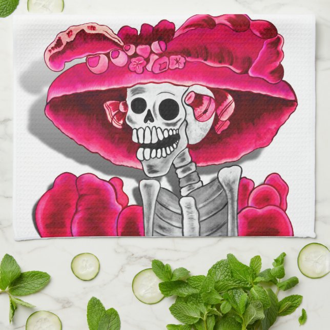 Linge De Cuisine Rire Skeleton Woman dans Red Bonnet (Plié)