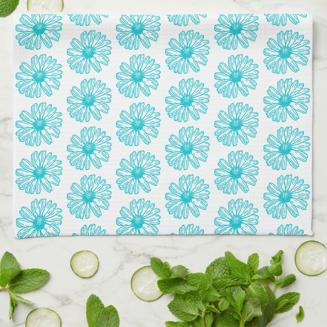 Linge De Cuisine Robin Egg Blue Daisy Print, Hippie Flowers Motif (Plié)