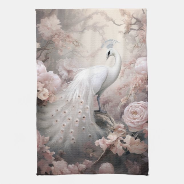 Linge De Cuisine Rocher blanc romantique et Fleurs rose pâle (Vertical)