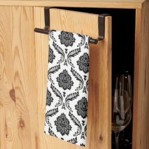 Linge De Cuisine Rococo Damassé Petit Motif Noir sur Blanc
