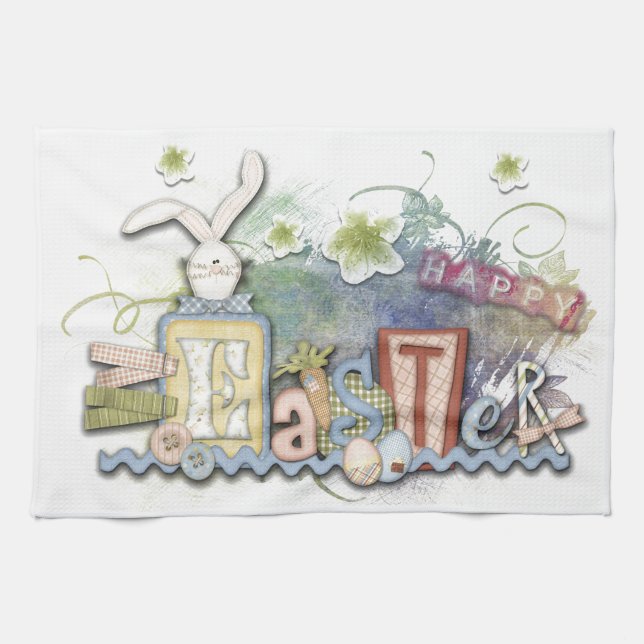 Linge De Cuisine Romantique Happy Bunny de Pâques Salutation servie (Horizontal)