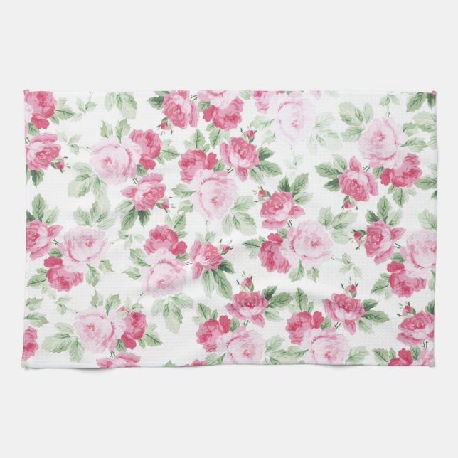 Linge De Cuisine Romantique rose moderne blanc rose tendance floral (Horizontal)