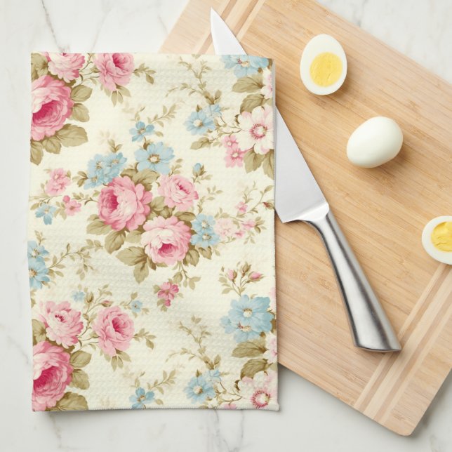 Linge De Cuisine Romantique rose Rose anglais sur jaune pâle (Quart Plié)