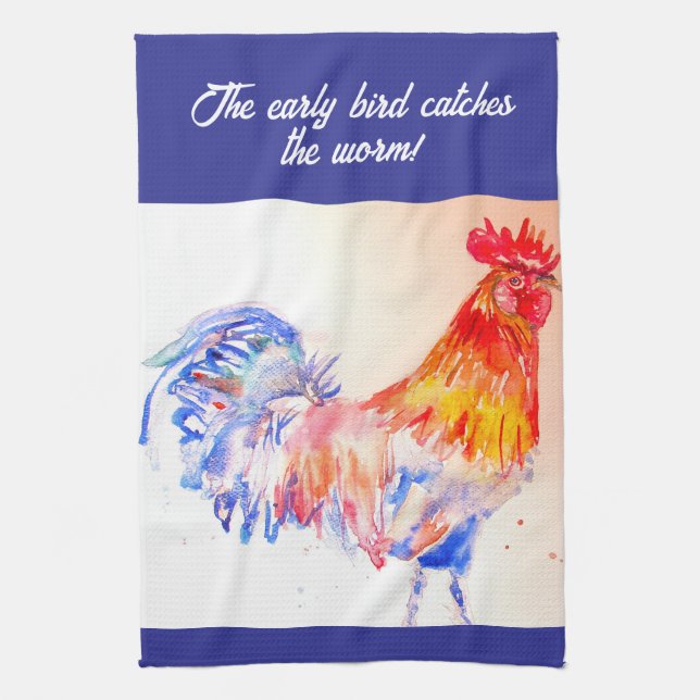 Linge De Cuisine Rooster Aquarelle Poulet Oiseau Cockerel Farm (Vertical)