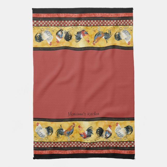 Linge De Cuisine Roosters d'or Rouge & Tan Check Swirl Cuisine (Vertical)