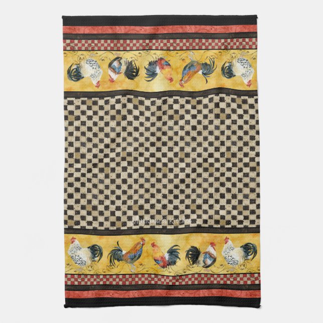 Linge De Cuisine Roosters d'or Rouge & Tan Check Swirl Cuisine (Vertical)