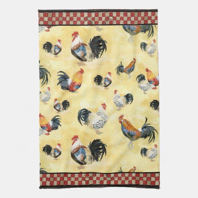 Linge De Cuisine Roosters d'or Rouge & Tan Check Swirl Cuisine (Vertical)