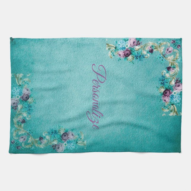 Linge De Cuisine Rose à fleurs victoriennes élégant turquoise rose  (Horizontal)