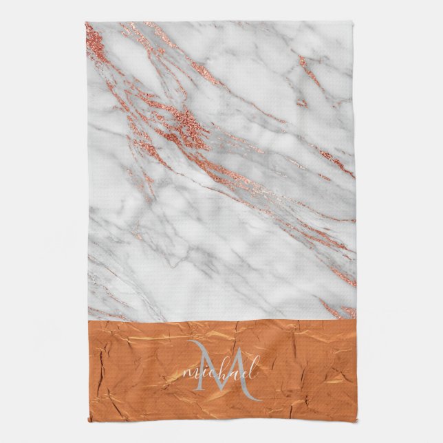 Linge De Cuisine Rose cuivre or & gris marbre avec kit Monogramme (Vertical)