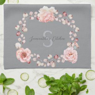 Linge De Cuisine Rose d'aquarelle Wreath personnalisée Gray