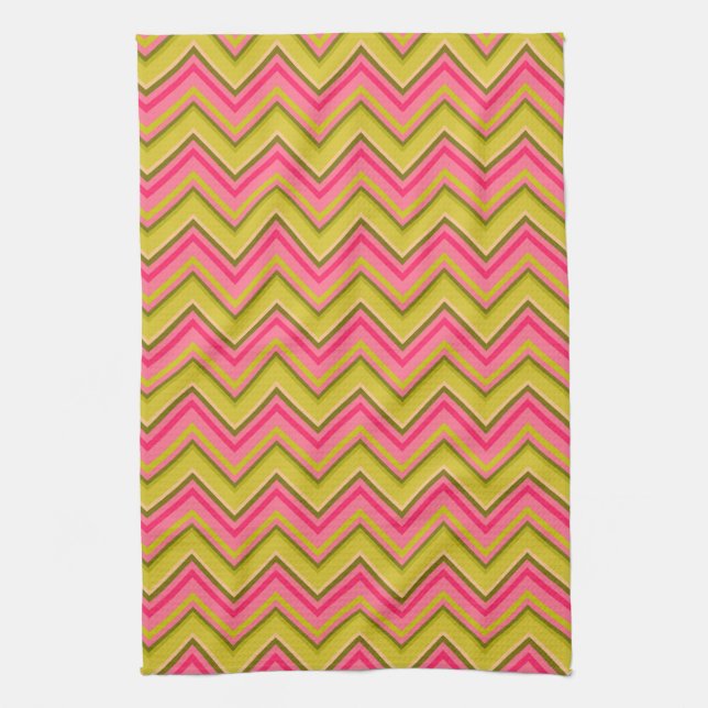 Linge De Cuisine Rose de jardin Chevron en rose et vert (Vertical)