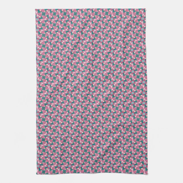 Linge De Cuisine Rose Dusky + Motif Abstrait Turquoise (Vertical)