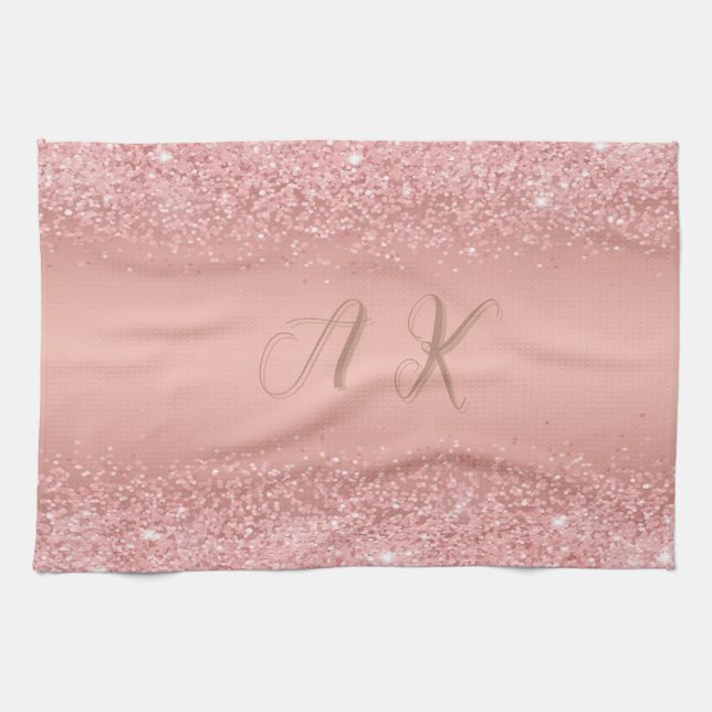 Linge De Cuisine Rose Gold Luxe Brillante Monogramme Élégant (Horizontal)
