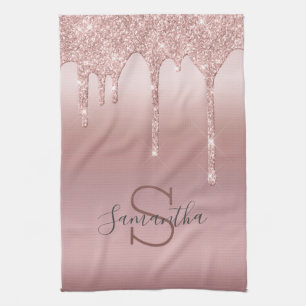 Linge De Cuisine Rose Gold Monogramme Paillettes Gouttes Fard Rose 